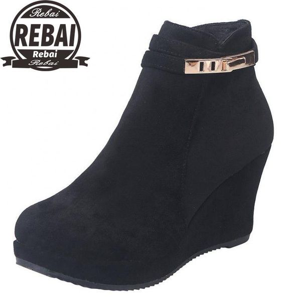 

feminina antiskid booties winter women ankle boots side zipper footwear platform high heels wedges shoes woman botas 43, Black