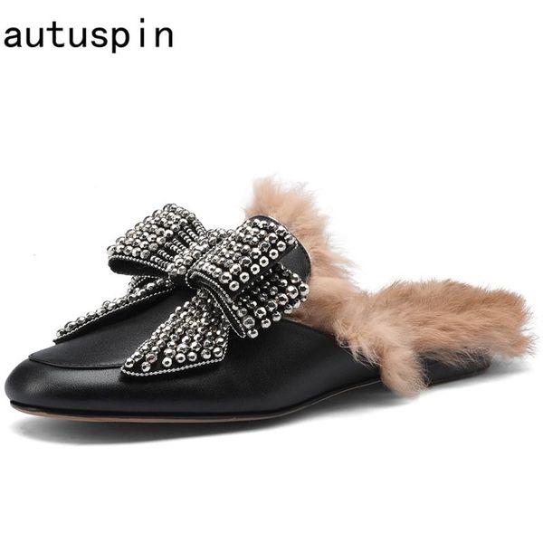 

autuspin fur women's loafers winter genuine leather rhinestones butterfly knot flats 2021 est ladies casual mules shoes black slippers