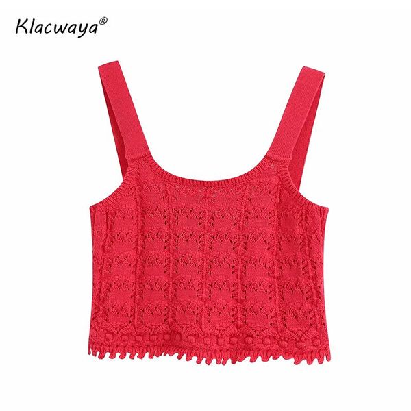 

women's blouses & shirts klacwaya women 2021 sweet fashion red net knitted cropped vintage sleeveless straps female blusas chic, White