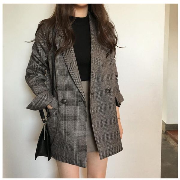 

autumn winter women's blazers plaid double breasted pockets formal jackets notched outerwear simple and all-match suits &, White;black