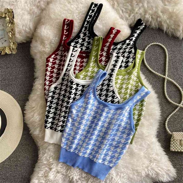 

color-blocking plaid/leopard knitted vest women's cropped summer sleeveless vintage stretch thin camis 210602, White