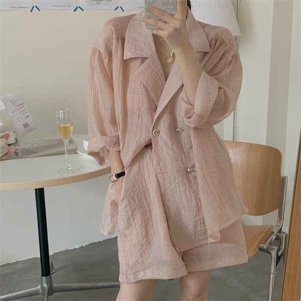 

women's tracksuits hzirip 2021 holiday sweet elegant loose solid fashion ol minimalist summer women wide leg shorts suits 2 piece sets, Gray