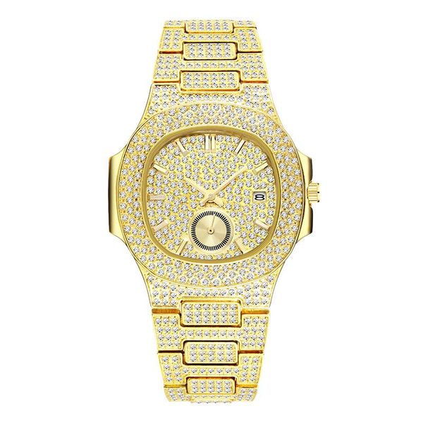 

wristwatches hip hop mens watches bling iced out stainless steel date quartz wrist waterproof for men charm jewelry drop, Slivery;brown