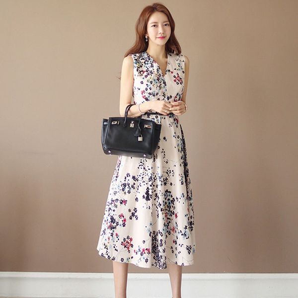 

floral print dress summer for women korean style beach flower dress sleeveless empire vacation long v-neck midi dress 210514, Black;gray