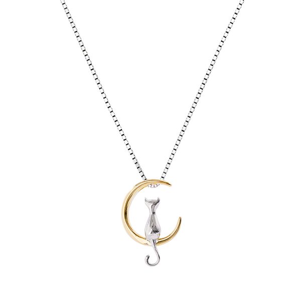 

cat moon necklace female necklace contracted temperament students joker niche design feeling collarbone chain, Silver