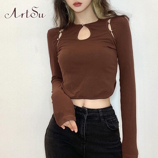 

women's t-shirt cut out brown cotton tee shirt women fashion casual long sleeve crop t ladies basic skinny streetwear ts52652, White
