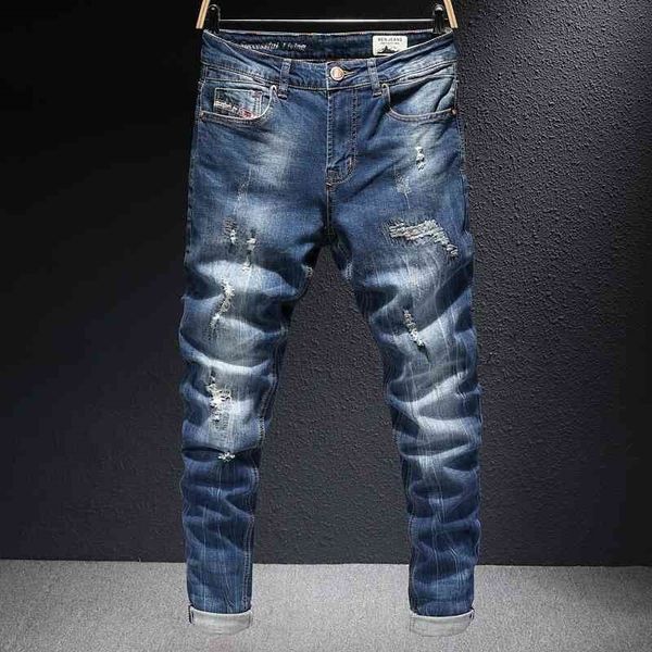 

jeans italian style fashion retro dark blue elastic cotton slim fit ripped jeans for men vintage designer denim pencil pants