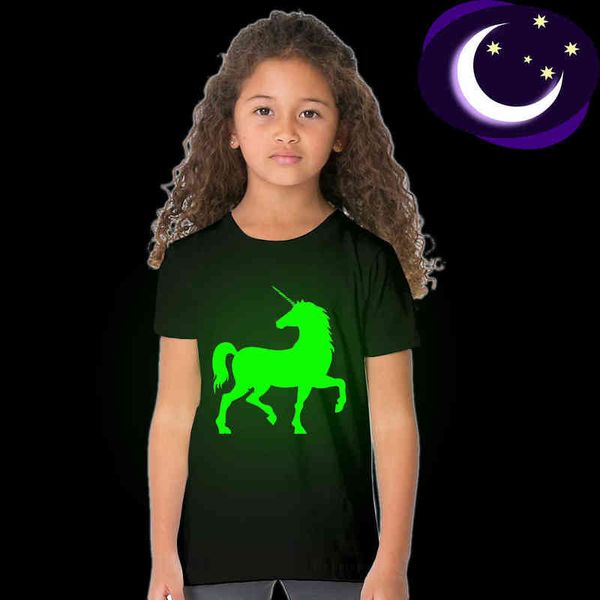 Aydınlık Moda Serin Unicorn Çocuklar Erkek Kız Yaz T Gömlek Glow Karanlık Gençler Toddler T-shirt Floresan Rahat Tops Tees 49D2 G1224