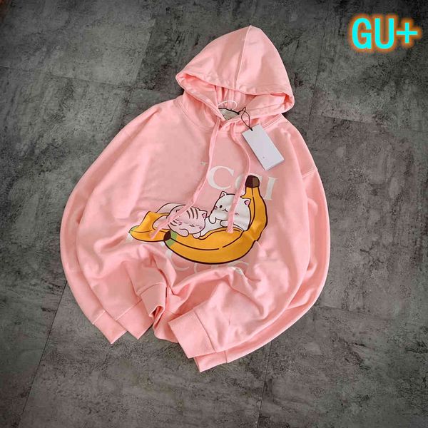 

hoodies t shirt correct gu + 21 autumn banana meow print hooded sweater loose casual, Black