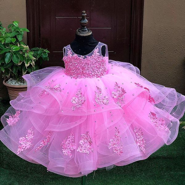Luxuoso laço rosa vestidos da menina de flor sheer pescoço frisado cristais crianças vestido de casamento primeira comunhão pageant vestidos birthda311s