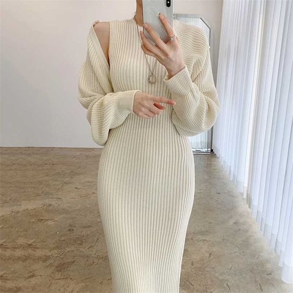 Coreano Chic Outono temperamento bodycon o pescoço tanque de malha vestido sexy sólido solto colheita sweater xaile casaco moda 2 peças conjuntos 211106