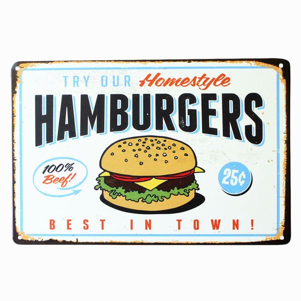 

hamburger tin sign vintage metal painting retro plaque poster home bar pub cafe wall decor chocolate pie coffee art craft a675