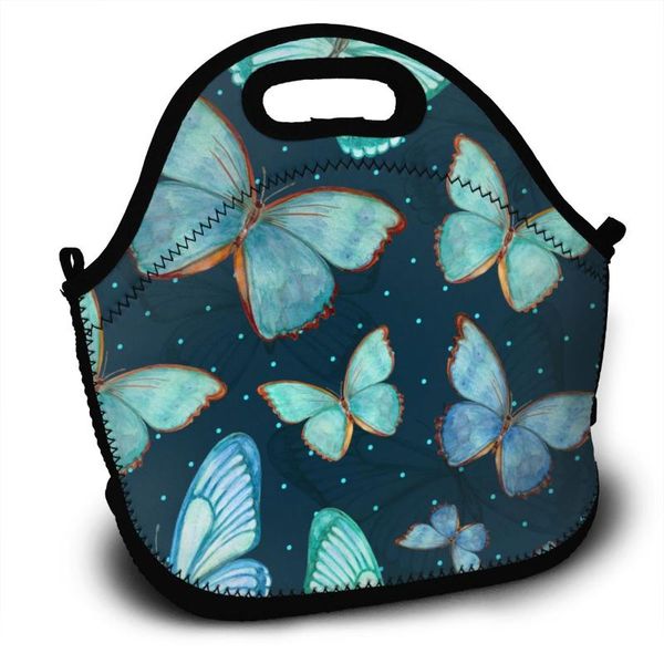 

portable insulated thermal bento lunch box retro lovely flying butterflies teal painting picnic storage bag pouch bags organizer, Blue;pink