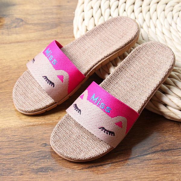 

home slippers shoes women cat linen summer couple non-slip indoor sandals, Black