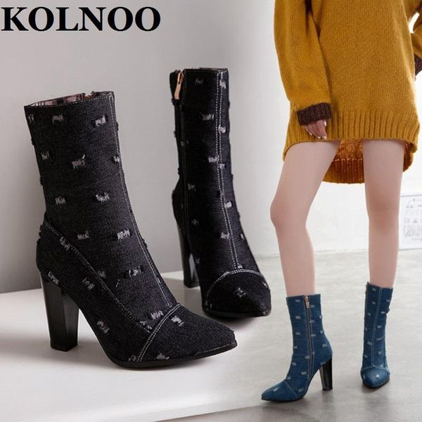 

boots kolnoo womens handmade chunky heels denim leather pointed-toe party prom ankle booties evening casual fashion short shoes, Black