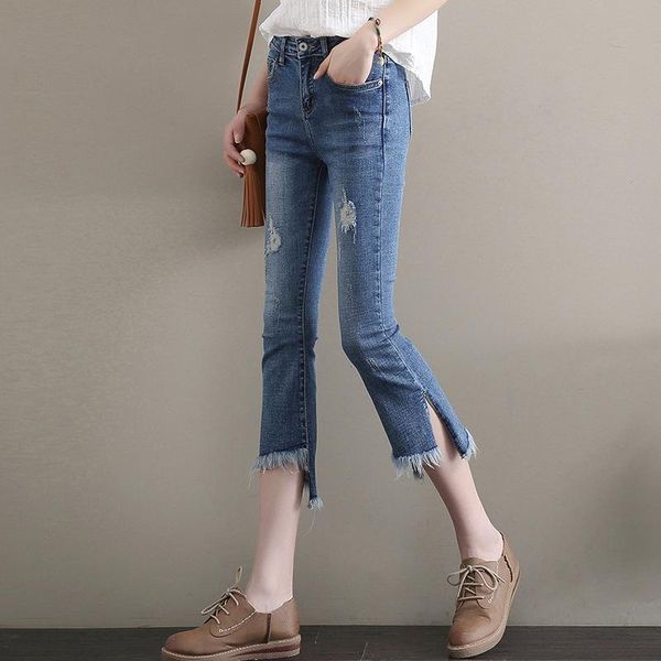 

women's jeans 2021 summer fashion irregular feet mouth hole grain tall waist nine points cowboy horn foot trousers h680, Blue