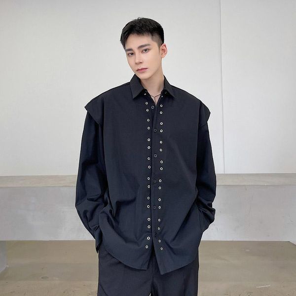 

men's casual shirts rivet trend long sleeve lapel shirt men harajuku dark black style loose man streetwear fashion party dress, White;black