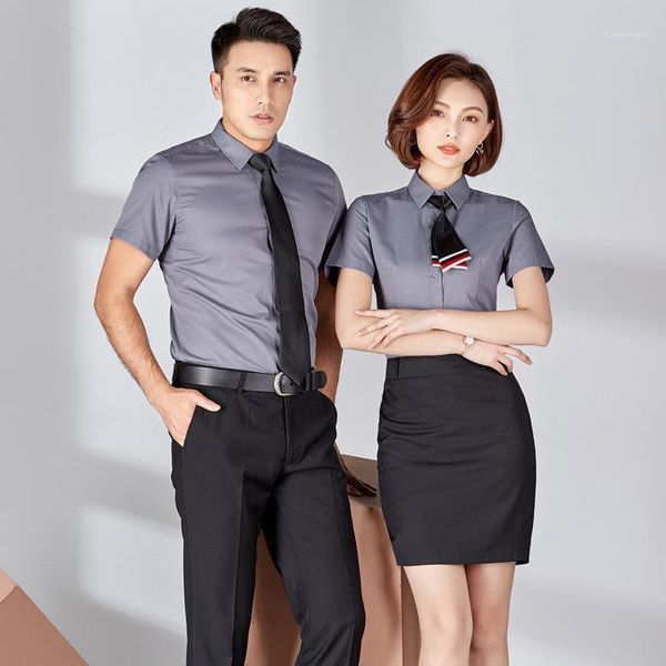 

men's dress shirts 2021 and women's professional wear same shirt spring summer grey cotton plain business sales department, White;black