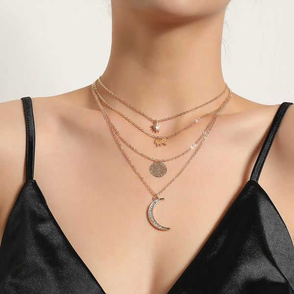 

pendant necklaces vintage multilayer moon star round choker chain for women gold silver color collar party fashion jewelry gift