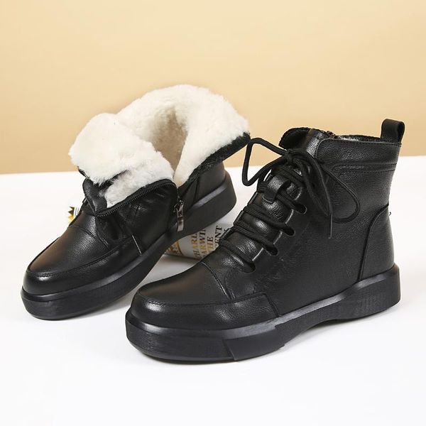 

cowhide wool warm snow boots winter black low heel non-slip knight woman's