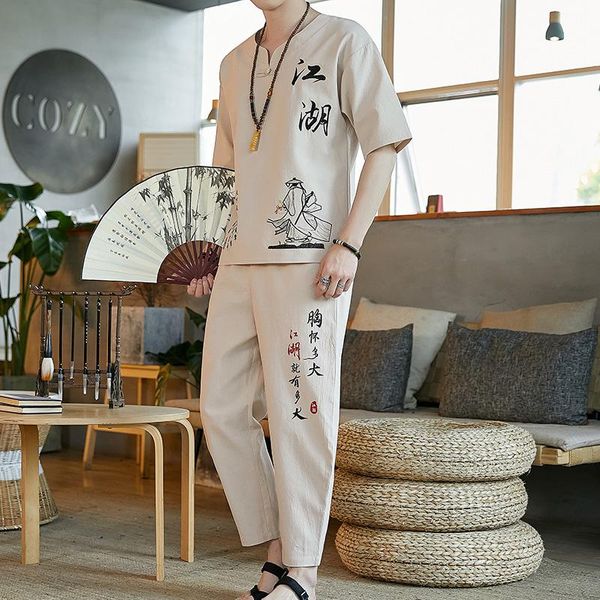 

men's tracksuits summer traditional chinese style linen tang suit men hanfu casual ethnic print short sleeve t-shirt kungfu clothes, Gray