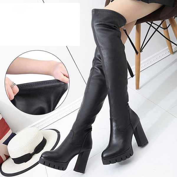 

boots lyxlyh leather women long over the knee platform female autumn winter thigh high block heels botas mujer, Black