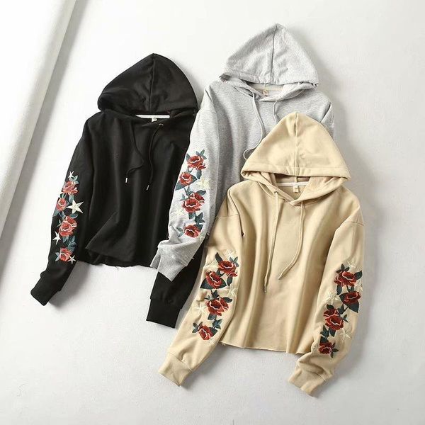 

women's hoodies & sweatshirts korean clothes embroidered woman floral long sleeve fleece sweatshirt hooded hoody jumper, Black