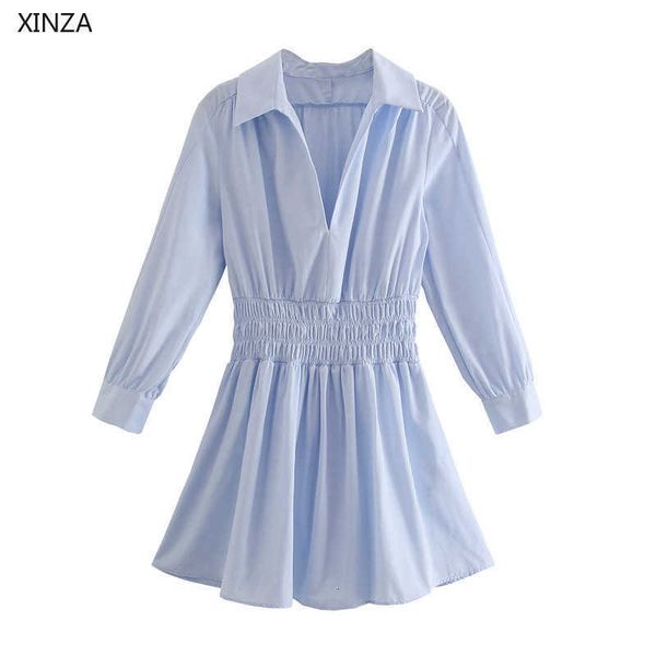 

casual dresses women spring pleated mini long sleeve smocked elastic waist office lady woman elegant sky blue 4ov5, Black;gray