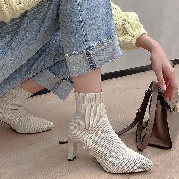 

fashion women boots beige pointed toe yarn elastic ankle thick heels shoes autumn winter female, Black