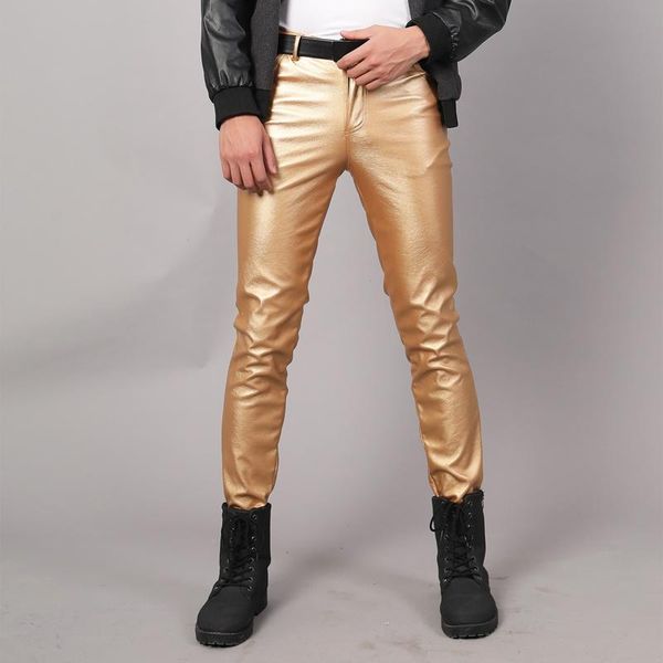 

men's pants leather men spring autumn mens slim elastic faux male winter punk dance fleece trousers shiny pencil, Black