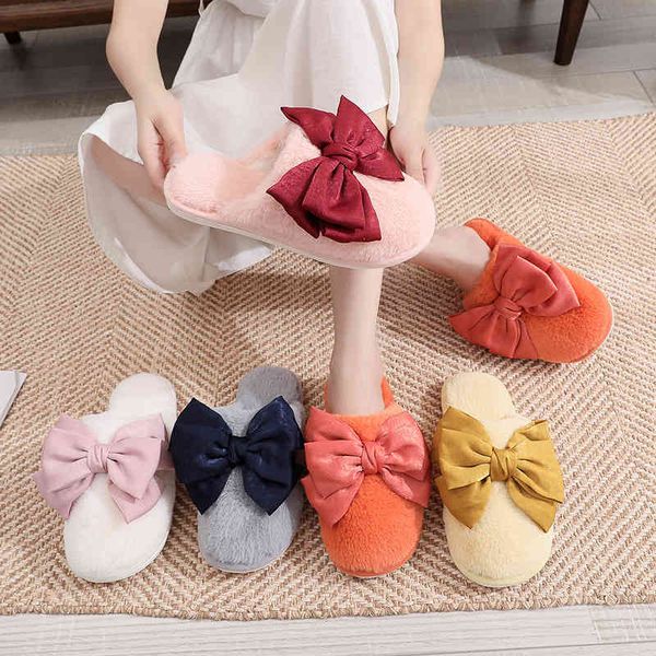 

autumn and winter home warm slippers korean rabbit plush bow cotton girl cute super fairy, Black