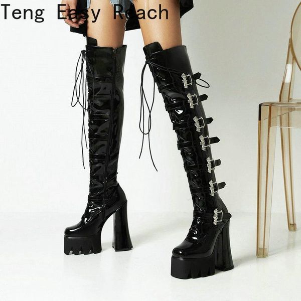 

boots 2021 women over the knee platform super square high heel ladies thigh patent pu leather side zipper women's, Black