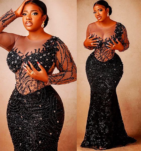 

2021 plus size arabic aso ebi black mermaid sequined prom dresses lace beaded crystals evening formal party second reception gowns dress zj4