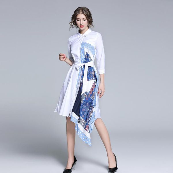 

spring/summer women's fashion stitching print with irregular casual large size seven-quarter sleeve dress dresses, Black;gray