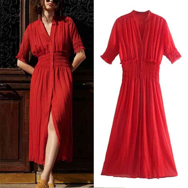 

women summer vintage chiffon dress za short sleeve v-neck buttons elastic waist female elegant fashion dresses vestidos 210513, Black;gray