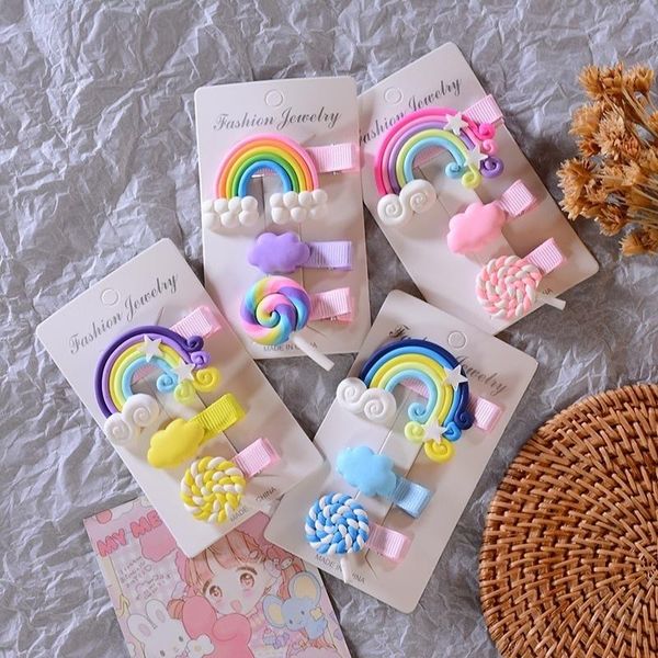 3pc/set cute girl cloud lollipop rainbow hairpins cartoon bobby pin hair clips for girls children headband kids accessories, Slivery;white