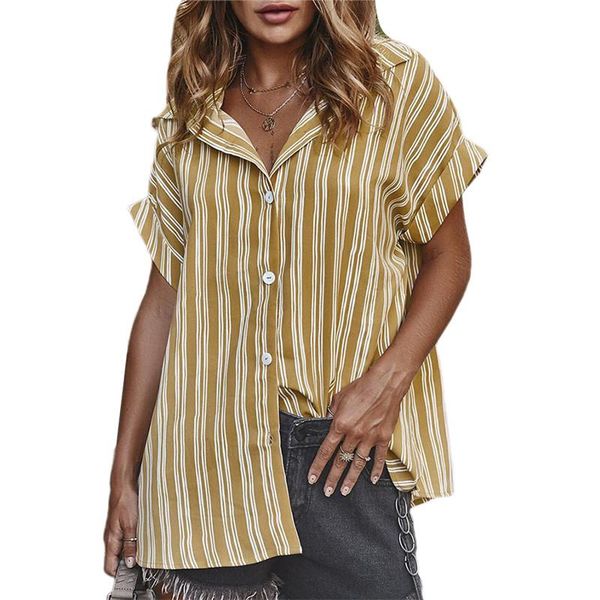 

women's blouses & shirts women fashion striped short sleeve lady loose lapel cardigans summer beach casual style streetwear, White