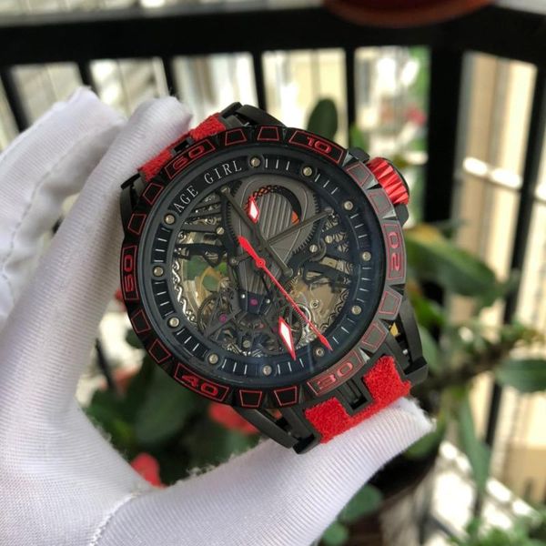 

wristwatches men blue red leather rubber black tourbillion skeleton automatic mechanical stainless steel sapphire watch, Slivery;brown