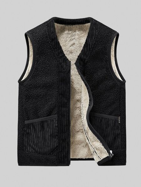 

men dual pocket teddy lined fleece vest jacket q5s7#, Black;brown