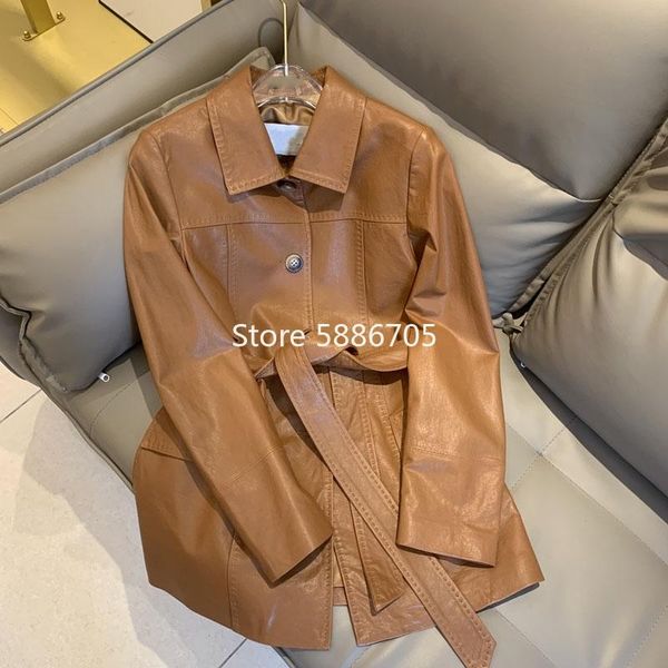 

women's leather & faux high end designer turn down collar sheepskin real outerwear 2021 autumn winter women sashes genuine coat s423, Black