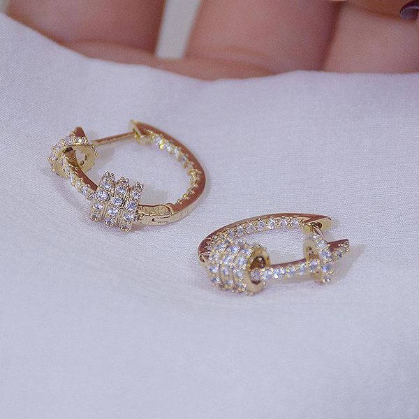 

korean fashion jewelry 14k real gold plated copper inlaid cz zircon small hoop earring elegant simple round women's earrings & huggie, Golden;silver