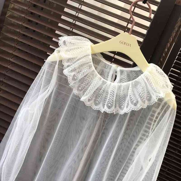 

women transparent mesh patchwork tee shirts girls full flare sleeve shirts clothing for ladies, White