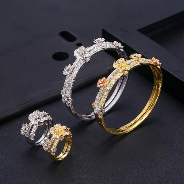 

wedding jewelry sets jankelly luxury flower bangle ring fashion dubai silver bridal for women brincos para as mulheres, Slivery;golden