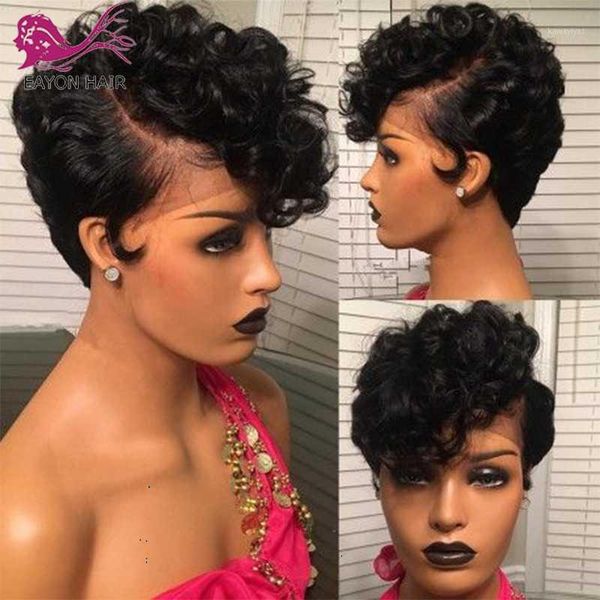 

pixie cut short human hair wigs pre plucked 13x4 lace front brazilian remy for women1, Black;brown