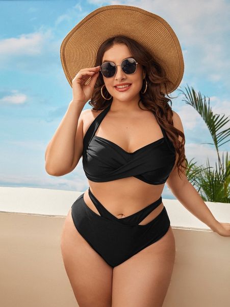 

plus solid cut-out bikini swimsuit m99a#, Black