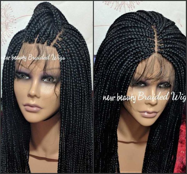 

stock part box braids black color medium braided lace front wig for african women synthetic heat ristant fiber