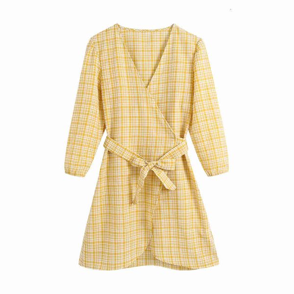 

casual dresses sweet women yellow plaid 2021 fashion ladies v-neck asymmetric vestidos elegant female chic bow sashes mini es 5i7k, Black;gray