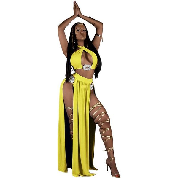 

two piece dress ladies skirt suit halter hollow out crop and slit long 2 set bohemian style beach outfit, White