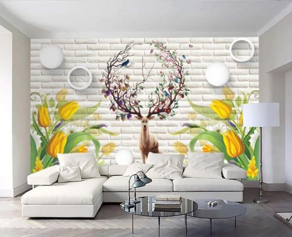 

custom 3d mural wallpaper tulip elk brick wall tv background living room sofa wallpapers