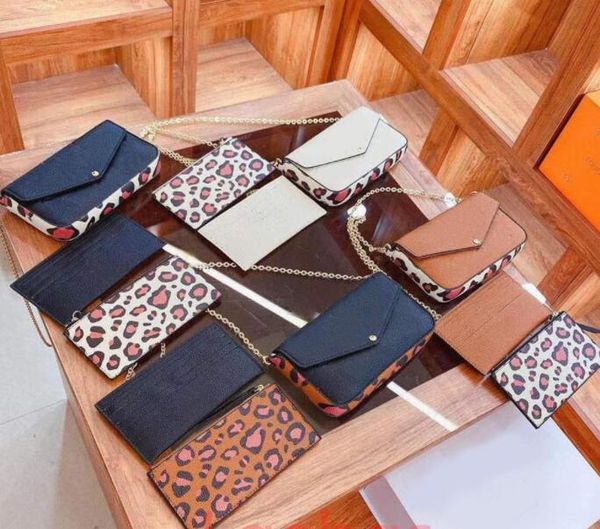 

3 piece cowhide emboss leopard pochette felicie chain shoulder bags clutch wallet multi purse designer handbags wild at heart women fashion